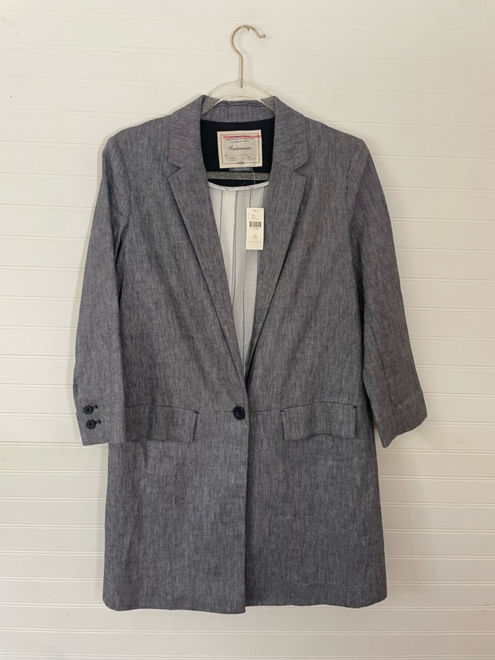 Cartonnier Anthropologie Long Blazer Forest Park NEW Linen Blend Navy Preppy